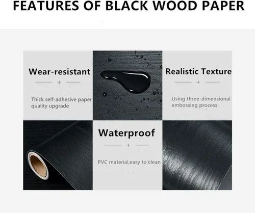 Miniatura 7 de Papel tapiz negro de 17.32 x 118 pulgadas, papel autoadhesivo con textura, película de vinilo con textura, extraíble, cubierta de pared, encimera