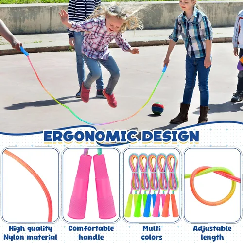 Miniatura 3 de ZATAYE Paquete de 6 cuerdas de saltar para niños, coloridas cuerdas de saltar de nailon degradado para niños, longitud ajustable de 7.55 pies, asas