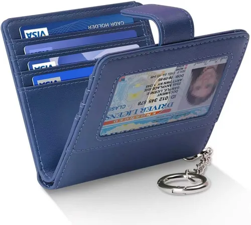 Miniatura 15 de FurArt Cartera plegable para mujer con 9 ranuras, bloqueo RFID, ventana de identificación, cartera compacta con llavero