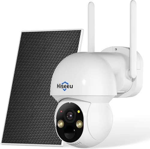 Cámara de seguridad inalámbrica solar Hiseeu para exteriores, WiFi de 2.4G y 5G, visión nocturna a color, vista de 360°, inclinación y panorámica,