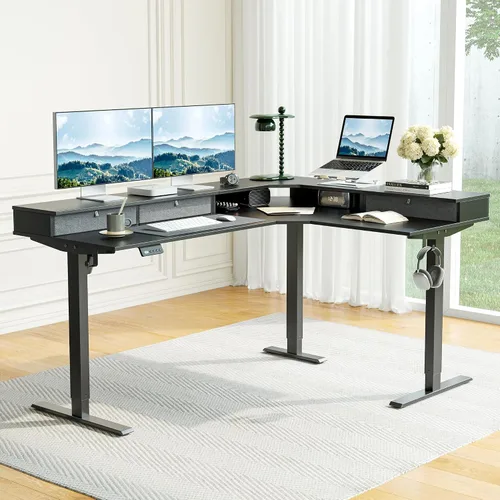 Miniatura 2 de CubiCubi 63x48 Inches L Shaped Standing Desk with 3 Drawers and Monitor Shelf, Height Adjustable Corner Computer Desk with Hooks, Sit Stand Up