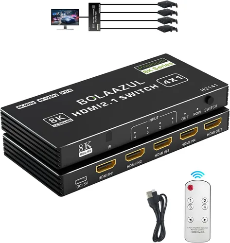 Interruptor HDMI 2.1 8K 120Hz 4K 4 en 1 salida, BolAAzuL 8K @60Hz HDMI 2.1 Splitter Switcher Selector Box 4 puertos con control remoto 4K 120Hz 2K