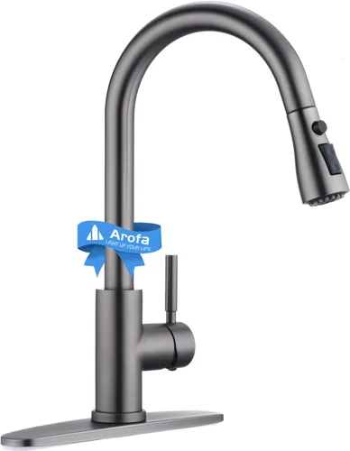 Miniatura 9 de Arofa Grifo de cocina negro mate, grifo de fregadero de cocina con rociador abatible, de una sola manija, de acero inoxidable, comercial, moderno