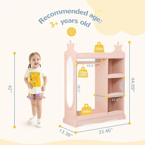 Miniatura 2 de Curipeer Almacenamiento de disfraces para niños con espejo, armario para niños con almacenamiento y 3 ganchos, armario para niños y niñas