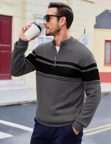 Miniatura 21 de MAGCOMSEN Suéteres de algodón con cremallera de 1/4 para hombre, suéter tipo polo, a rayas, para otoño e invierno, sudaderas cálidas