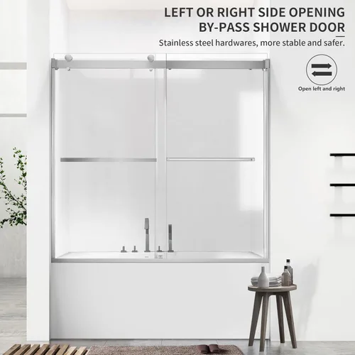 Miniatura 4 de Puerta corrediza de cristal para bañera, 56-60 pulgadas de ancho x 58 pulgadas de alto, sin marco, para baño, vidrio templado transparente de 5/16