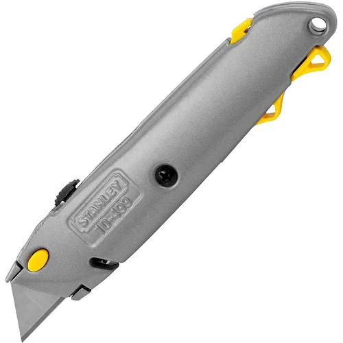 Stanley 10-499 - Cuchillo de cambio rápido con cuchilla retráctil y cortador de cordel, color plateado