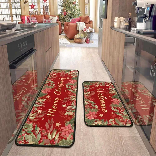 Miniatura 16 de 2 piezas de alfombras y tapetes de cocina de Navidad para el suelo con respaldo antideslizante, decoración de cocina de Navidad feliz, juego