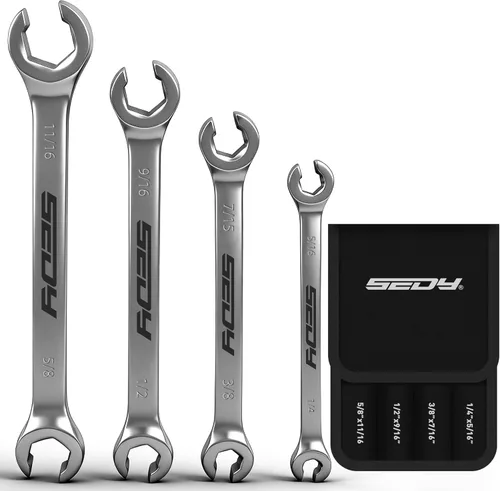 Miniatura 12 de SEDY Juego de 14 llaves para tuercas acampanadas con cinta PTFE, llave de línea de freno métrica y SAE con desfase de 1/4"-7/8" & 9-21mm, juego