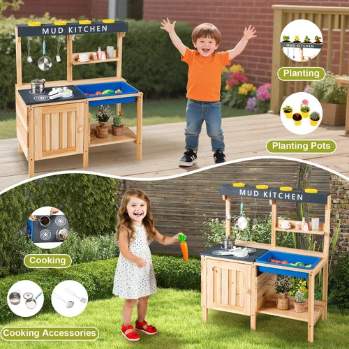 Miniatura 2 de HONEY JOY Cocina de barro, cocina de madera de cedro para niños pequeños, fregadero extraíble, accesorios de cocina, caja de maceta, armario