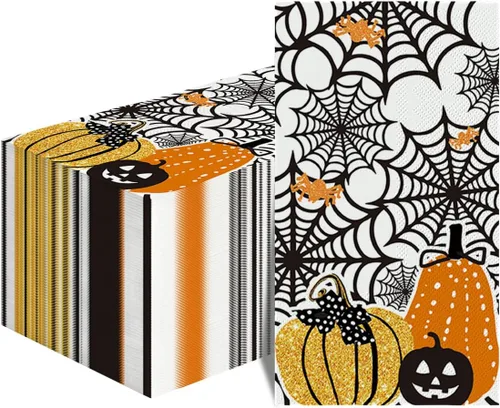 Horaldaily 100 servilletas decorativas de papel desechables de Halloween, con temática aterradora, calabazas, toalla de mano para fiestas, almuerzo,