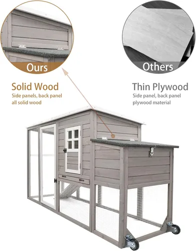 Miniatura 3 de Gowoodhut Gallinero de madera maciza con jaula grande de 2 pisos, techo de asfalto, caja nido, ruedas de PU, perca de pollo con poste Techo