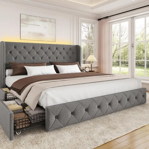 Miniatura 14 de BRELTAM Marco de Cama Tamaño Queen con Cajones de Almacenamiento y Cabecero Wingback Tapizado en Terciopelo Marco de Cama Plataforma Camas Blanco