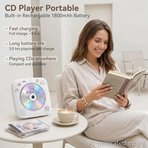 Miniatura 2 de Reproductor de CD portátil Bluetooth recargable: Reproductores de CD para el hogar con 1800mAh Kegaudio Reproductor de CD de escritorio de pared