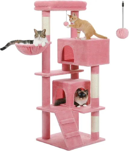 Miniatura 9 de Árbol para gatos de interior, 2 acogedores condominios con espaciosa percha superior, torre para gatos de varios niveles de 56.3 pulgadas con postes