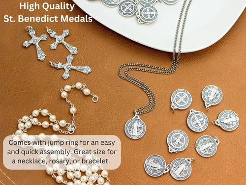 Miniatura 4 de Caritas et Fides Paquete a granel de 100 Medalla de San Benito Medalla redonda de plata oxidada de 34 pulgadas para collar, medallas para joyería