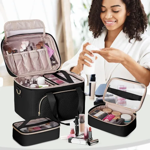 Miniatura 7 de Bolsa de maquillaje de viaje con 2 bolsas y divisores ajustables, estuche organizador de maquillaje grande para mujeres, se adapta a botellas Negro
