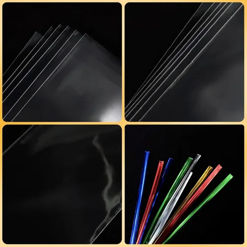 Miniatura 2 de 100 bolsas de celofán de 8 x 10 pulgadas, bolsas transparentes para golosinas con lazos giratorios de 4 pulgadas, bolsas de plástico