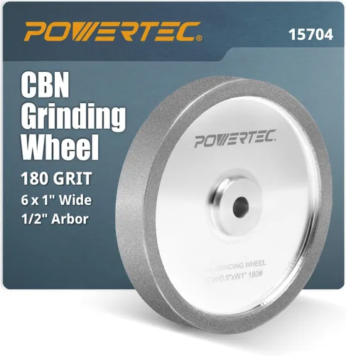 Miniatura 10 de POWERTEC Muela abrasiva CBN de 6 pulgadas grano 320, 1-1/4" de ancho, árbol de 1/2" - Rueda de afilado CBN 4 en 1 con borde de radio de 1/4" y cara