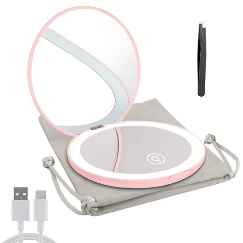 Miniatura 15 de Espejo compacto con luz LED, espejo recargable con aumento 1x/10x, 3.5 pulgadas, espejo de viaje regulable para bolso, bolsillo, espejo de Oro rosa