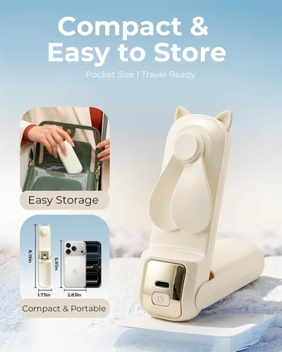 Miniatura 3 de FrSara Ventilador de mano portátil, pequeño ventilador personal recargable, artículos esenciales de viaje de verano con 3 velocidades, 2000 mAh