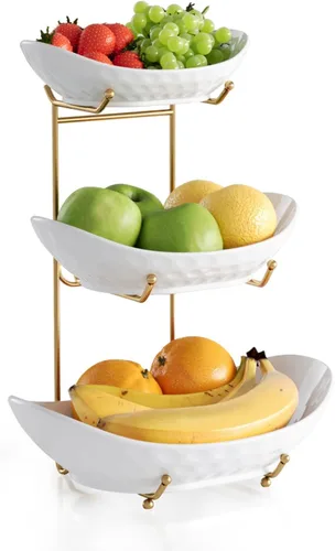 Cesta de Frutas para Encimera de Cocina Cuenco de Servir Decorativo de Cerámica, Organizadores y Almacenamiento de Decoración de Cocina de 3 Niveles