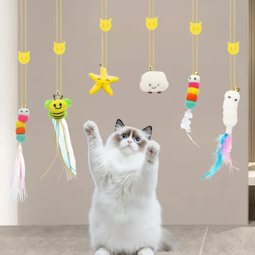Miniatura 6 de JIARON 6 juguetes interactivos de plumas para gatos, juguete retráctil para colgar en interiores, juguetes de juego propio hacen ejercicio divertido