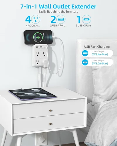 Miniatura 2 de Extensor de tomacorriente eléctrico plano, Blanco