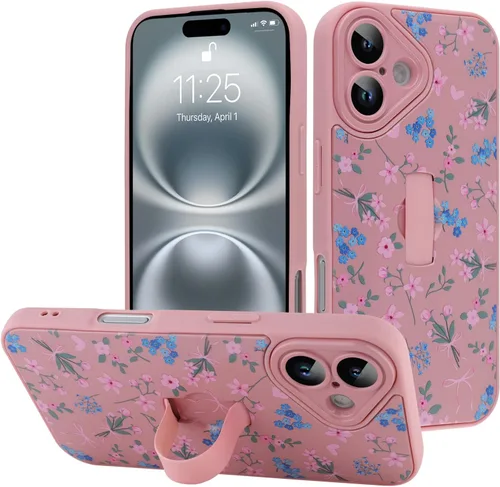 Miniatura 27 de Funda diseñada para iPhone 17 Pro Max con soporte plegable y correa para dedos, bonito patrón de lazo de corazón de flor rosa para mujeres y niñas