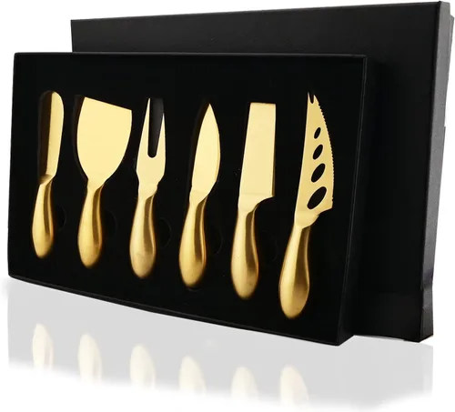 Miniatura 10 de JASHII Juego de 6 cuchillos esparcidores de mantequilla de queso dorado, juego de espátula de mermelada de una sola pieza, juego de cuchillos