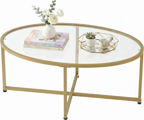 Miniatura 9 de Wolawu Mesa de centro ovalada dorada de vidrio para sala de estar, mesas de té modernas con marco de metal dorado para espacios pequeños, mesa
