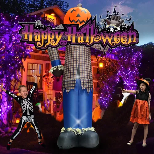 Miniatura 5 de Decoración inflable de calabaza de espantapájaros de Halloween, 12 pies, decoración inflable gigante de Halloween con luces LED, inflables