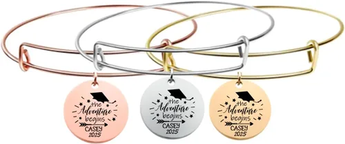 Miniatura 2 de 2025 Graduation Bangle Bracelet – Personalized The Adventure Begins Charm with Cap and Name Engraving – Adjustable Wire Bracelet – Gift for Her