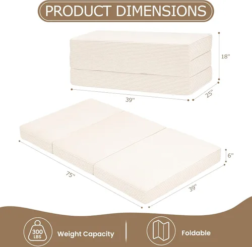 Miniatura 3 de Colchón de tres pliegues de 6 pulgadas, tamaño individual, sofá cama plegable con funda extraíble lavable, colchón plegable de espuma de alta