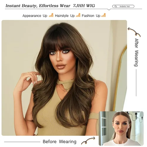 Miniatura 2 de 7JHH WIGS Pelucas de 24 pulgadas de largo, ondulado, color castaño oscuro, rubio, con raíces oscuras, rizado, afro, grande, flexible, esponjoso