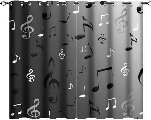 Miniatura 15 de Cortinas opacas de oscurecimiento de habitación con ojales, diseño rústico de símbolos musicales blancos y negros, tratamiento de ventana