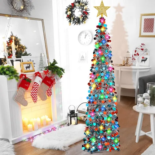 RACPNEL Árbol de Navidad de oropel desplegable de 5 pies con luces LED, lentejuelas, adorno de árbol, árbol de Navidad plegable artificial,