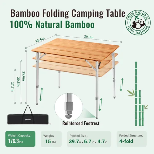 Miniatura 2 de KingCamp Mesa de camping plegable de altura ajustable, mesa plegable de bambú de 4 partes para RV, camping al aire libre, portátil, mesa