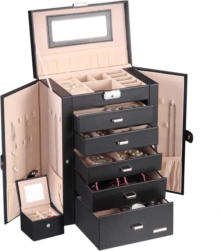 Homde Joyero 2 en 1 enorme organizador estuche de piel sintética con estuche de viaje pequeño regalo para niñas o mujeres negro