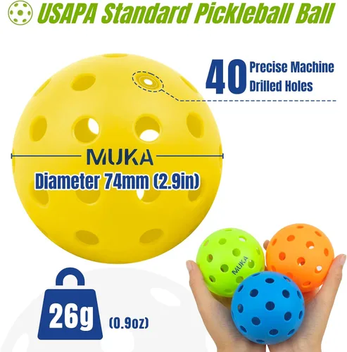 Miniatura 3 de Muka Paquete de 10 bolas de pickleball con bolsa de cordón, bolas de pickleball de 40 agujeros para exteriores