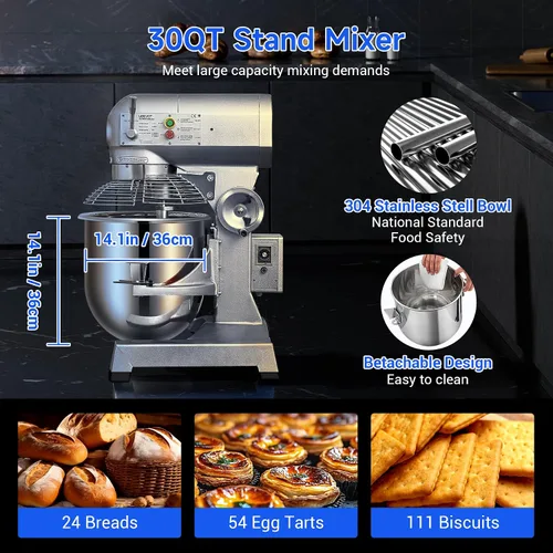 Miniatura 3 de Mezclador comercial de alimentos de 30 cuartos de galón, 1250 W, mezclador comercial de 3 velocidades ajustable con función de temporizador, Plateado