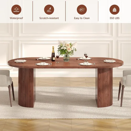 Miniatura 7 de ONBRILL Mesa de comedor de 70.8 pulgadas para 4-6, mesa de comedor ovalada con base de tira de madera acanalada curvada, mesas de cocina modernas