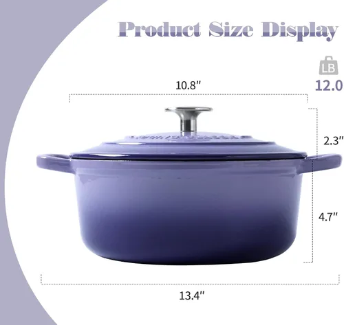 Miniatura 3 de EDGING CASTING Horno Duch de hierro fundido esmaltado, horno holandés redondo de 5.5 cuartos de galón con tapa, mango doble para hornear pan, morado