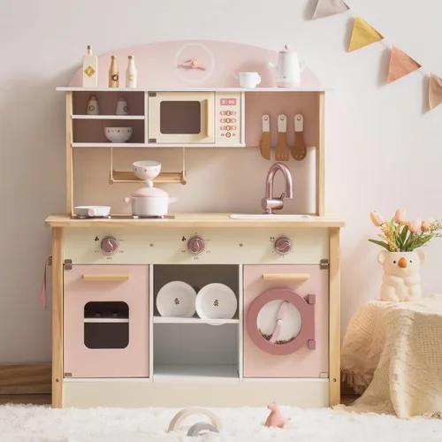 ROBOTIME Juego de cocina de madera, juego de cocina de juego de simulación para niños con diseño realista, juego de cocina para niños y niños Rosa