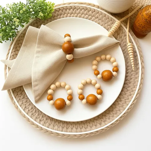 Miniatura 11 de Juego de 6 servilleteros modernos con cuentas de madera Servilleteros de cena para vacaciones y Navidad, fiesta de cumpleaños y decoración de boda