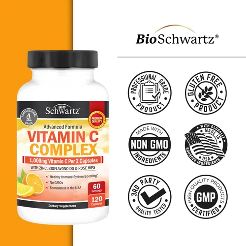 Miniatura 7 de Vitamina C - cápsulas de 1000 mg con zinc, escaramujo y bioflavonoides - Suplemento de apoyo inmune con 10 veces el poder de la vitamina C - Acorta