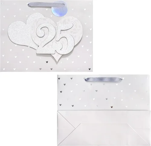 Miniatura 7 de LeZakaa Bolsa de aniversario de boda de 13 pulgadas con papel de seda, etiqueta y tarjeta de felicitación, bolsa de regalo con purpurina dorada