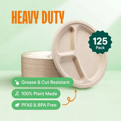 Miniatura 2 de Platos de papel desechables 100% compostables, 3 compartimentos, [125 unidades] - {Sin PFAS} - {Certificado BPA} - [10 pulgadas] Bandejas