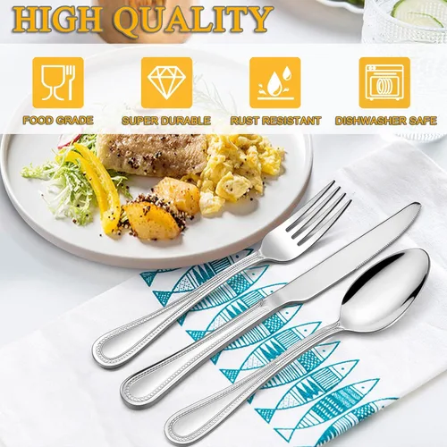 Miniatura 2 de LIANYU Juego de cubiertos de 30 piezas de acero inoxidable para 6, utensilios de cocina de lujo con borde perlado, vajilla de restaurante de cocina