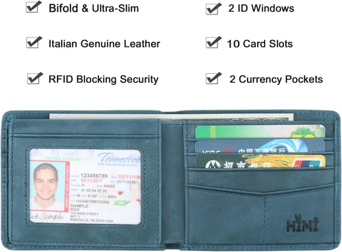 Miniatura 17 de HIMI - Cartera elegante de cuero auténtico para hombre, con bloqueo de interferencia de radiofrecuencia (RFID), con 2 ventanas para identificación